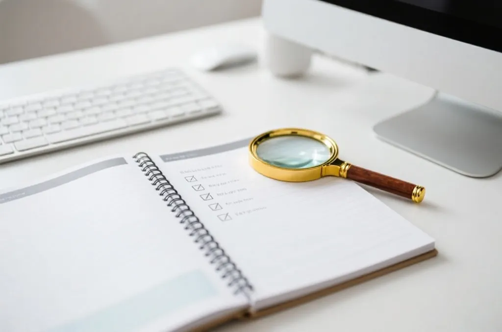 An open planner notebook on a desk showing a neat checklist with a magnifying glass over it